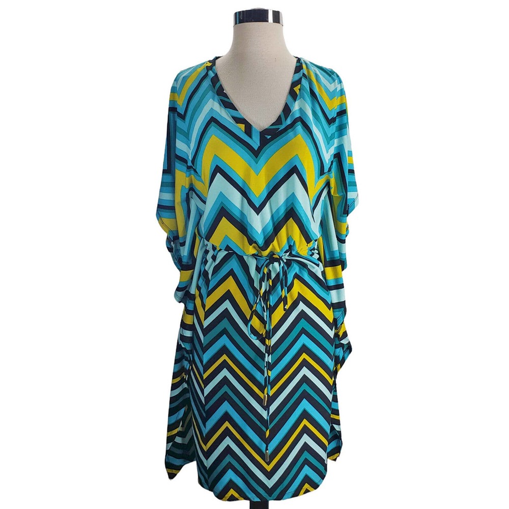 CALVIN KLEIN Blue Yellow Chevron Tie Waist Dress Cover Up, 8